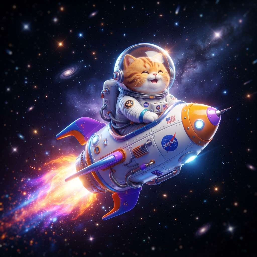 OrbitMog orange cat astronaut riding a rocket through space